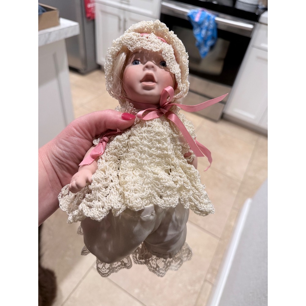 Janis Berard Signed Porcelain Baby Doll Vintage Crochet Lace Outfit Pink Ribbon